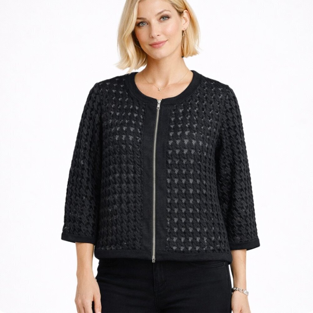 Damee Inc. size small black collarless zip front jacket 3/4 sleeves